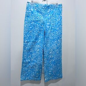 Lilly Pulitzer Sz 8 Blue White Floral Butterfly Print Wide Leg Sailor Pants WMN
